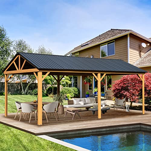 Domi 12'x20' Hardtop Gazebo Canopy Metal,Outdoor Aluminum Gazebo with Galvanized Steel Gable Roof Permanent Modern Gazebo for Patio Deck Backyard (Wood-Looking)