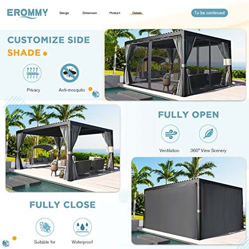 EROMMY 10' x 12' Louvered Pergola, Outdoor Patio Hardtop Gazebo, Sun Shade Shelter, Adjustable Metal Roof Hardtop Gazebo for Deck Patio Garden Yard, Curtains and Netting Included, Gray-Black