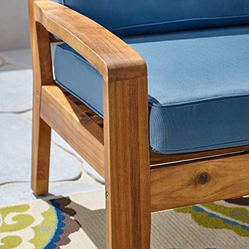 Great Deal Furniture Sally 7-Seater Sectional Sofa Set for Patio with Loveseat, Club Chairs, Ottoman, and Coffee Tables, Acacia Wood, Teak Finish with Blue Outdoor Cushions