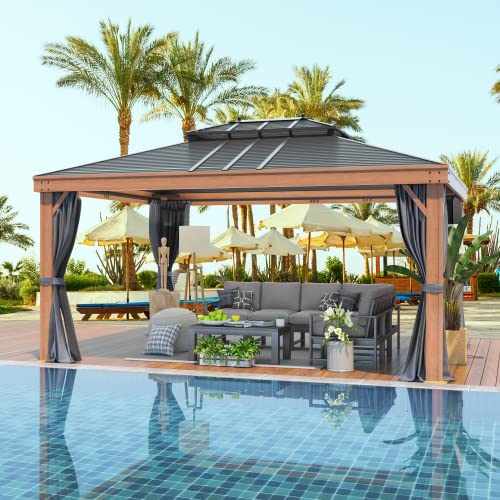YOLENY 12' x 16' Hardtop Gazebo Metal Gazebo with Faux Wood Grain Aluminum Frame, Galvanized Steel Double Roof, Outdoor Patio Gazebo Pergolas with Netting and Curtains for Backyard, Patio, Lawns