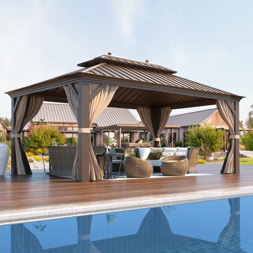 EROMMY 12'x16' Hardtop Gazebo Double Roof Galvanized Steel Canopy Outdoor Aluminum Frame Permanent Metal Pavilion with Netting and Curtains for Patio Backyard Deck and Lawns