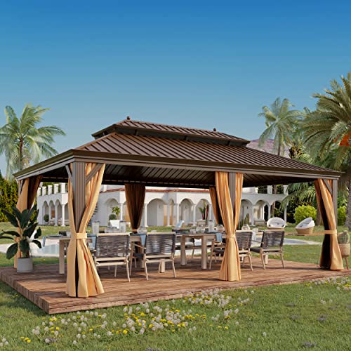 GAZEBEST 14'x20' Hardtop Gazebo Outdoor Aluminum Patio Gazebo Double Roof Galvanized Steel Gazebo Canopy with Netting and Curtains,for Garden Patio,Patio Backyard,Deck and Lawns