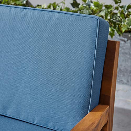 Great Deal Furniture Sally 7-Seater Sectional Sofa Set for Patio with Loveseat, Club Chairs, Ottoman, and Coffee Tables, Acacia Wood, Teak Finish with Blue Outdoor Cushions