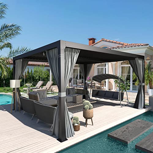 EROMMY 10' x 12' Louvered Pergola, Outdoor Patio Hardtop Gazebo, Sun Shade Shelter, Adjustable Metal Roof Hardtop Gazebo for Deck Patio Garden Yard, Curtains and Netting Included, Gray-Black