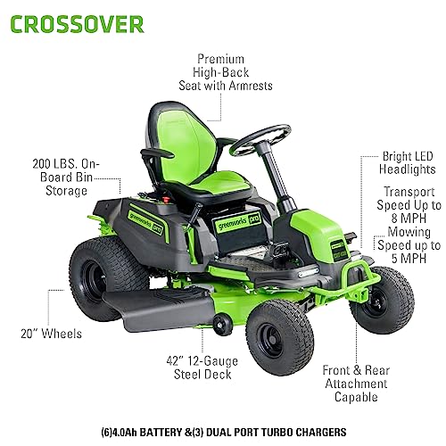 Greenworks PRO 80V 42” CROSSOVERT Riding Lawn Mower, (6) 4.0Ah Batteries and (3) Dual Port Turbo Chargers