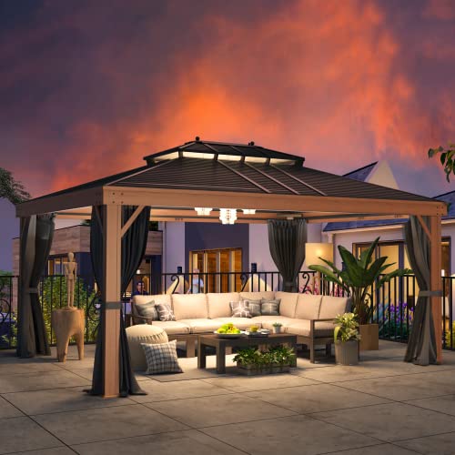 YOLENY 12' x 16' Hardtop Gazebo Metal Gazebo with Faux Wood Grain Aluminum Frame, Galvanized Steel Double Roof, Outdoor Patio Gazebo Pergolas with Netting and Curtains for Backyard, Patio, Lawns