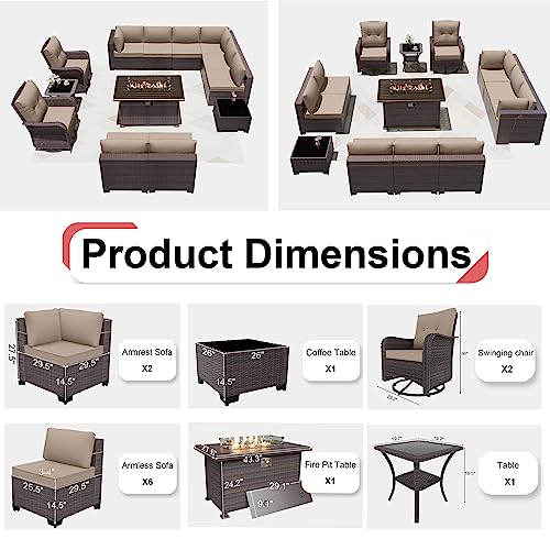 Delnavik Patio Furniture Sectional Sofa Set 13-Pieces PE Rattan Swivel Rocking Chairs Patio Conversation Set w/43in Gas Fire Pit Table, Outdoor Furniture with 55000 BTU Propane Fire Pit, Sand