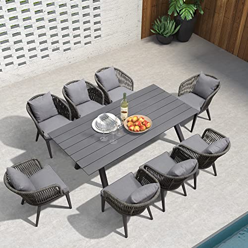 PURPLE LEAF 9 Pieces Patio Dining Sets All-Weather Wicker Outdoor Patio Furniture with Table All Aluminum Frame for Lawn Garden Backyard Deck Outdoor Dining Sets with Cushions and Pillows, Grey