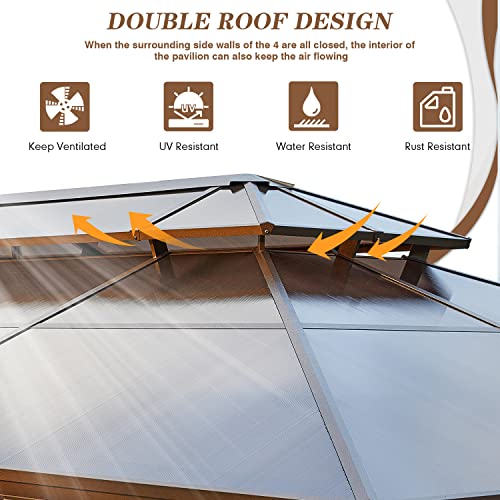 EROMMY 12'x20' Gazebo Polycarbonate Double Roof Canopy Outdoor Aluminum Frame Pergolas with Netting and Curtains for Garden Patio Lawns Parties