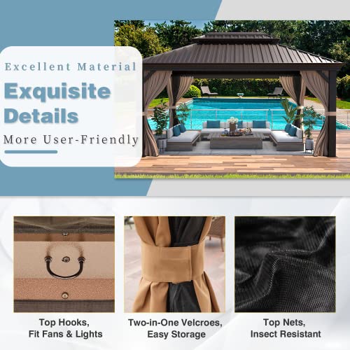 MELLCOM 12' x 16' Hardtop Gazebo, Galvanized Steel Metal Double Roof Aluminum Gazebo with Curtains and Netting, Brown Permanent Pavilion Gazebo with Aluminum Frame for Patio, Lawn & Garden