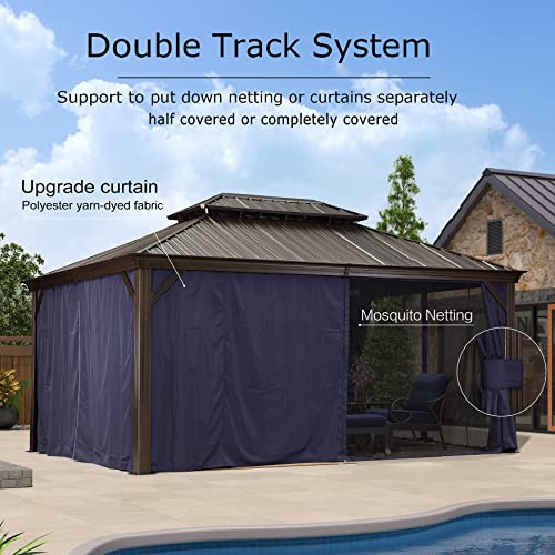 PURPLE LEAF 12' X 16' Permanent Hardtop Gazebo for Patio with Netting and Curtains Deck Backyard Heavy Duty Sunshade Metal Roof All Weather Outdoor Pavilion Canopy