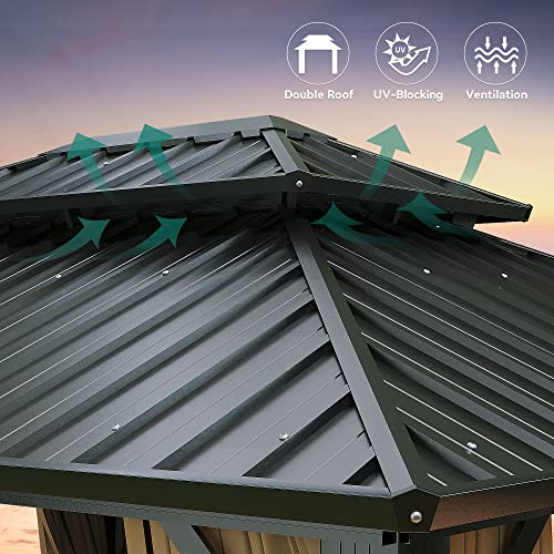 YITAHOME 12x18ft Hardtop Gazebo with Nettings and Curtains, Heavy Duty Double Roof Galvanized Steel Outdoor Combined of Vertical Stripes Roof for Patio, Backyard, Deck, Lawns, Gray