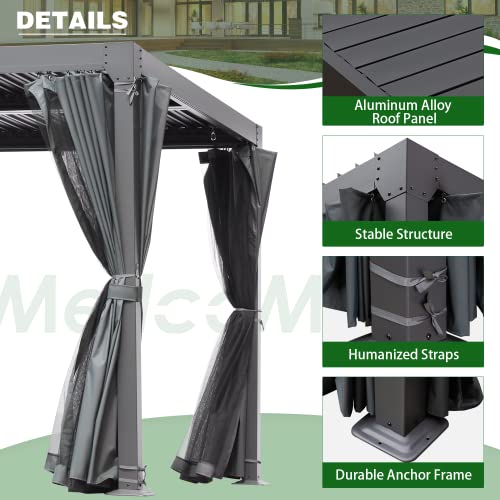 MELLCOM 12'×20' Outdoor Louvered Pergola with Adjustable Aluminum Rainproof Roof, Patio Hardtop Gazebo Sun Shade Shelter for Beach Deck Patio Garden Yard, Curtains and Netting Included, Black