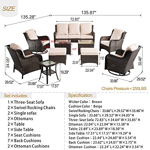 XIZZI Patio Furniture Set Wicker Patio Furniture 10 Pieces Outdoor Conversation Deck Sofa with High Back Swivel Rocking Chairs,Ottomans and Coffee Tables,Brown Wicker Beige Cushion