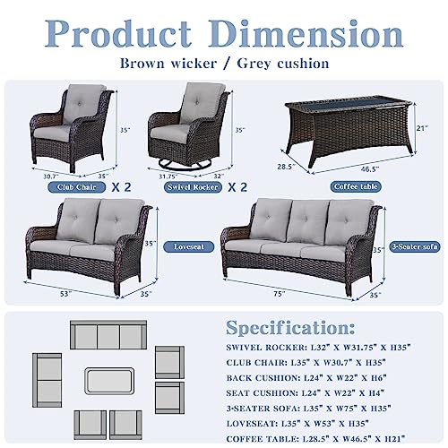 Belord Outdoor Furniture Wicker Conversation Sets - 7 Piece Patio Rattan Furniture Sets with Swivel Rocker Chairs Outdoor Sofa for Porch Deck Backyard Brown/Grey