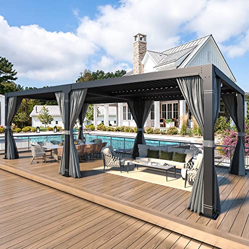 MELLCOM 12'×20' Outdoor Louvered Pergola with Adjustable Aluminum Rainproof Roof, Patio Hardtop Gazebo Sun Shade Shelter for Beach Deck Patio Garden Yard, Curtains and Netting Included, Black
