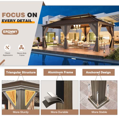 EROMMY 12' x 20' Gazebo Hardtop Double Roof Galvanized Steel Canopy with Netting and Curtains Outdoor Aluminum Frame Permanent Metal Pavilion for Patio Backyard Deck and Lawns