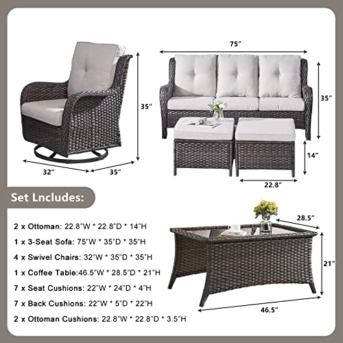 Rilyson Wicker Patio Furniture Set - 8 Piece Rattan Outdoor Sectional Conversation Sets with 4 Swivel Rocking Chairs,2 Ottomans,1 Sofa and 1 Coffee Table for Porch Deck Garden(Brown/Beige)