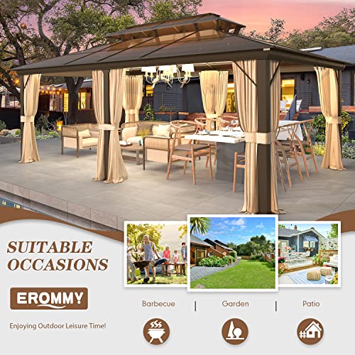 EROMMY 12'x20' Gazebo Polycarbonate Double Roof Canopy Outdoor Aluminum Frame Pergolas with Netting and Curtains for Garden Patio Lawns Parties
