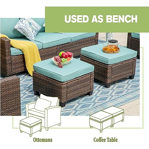 MIXPATIO 5 Pcs Patio Conversation Set for 7 Seats, Rattan Wicker Outdoor Patio Furniture Set, 2 x Single Chair, 2 x Ottoman, 3-Seat Sofa for Lawn Garden Backyard, Blue