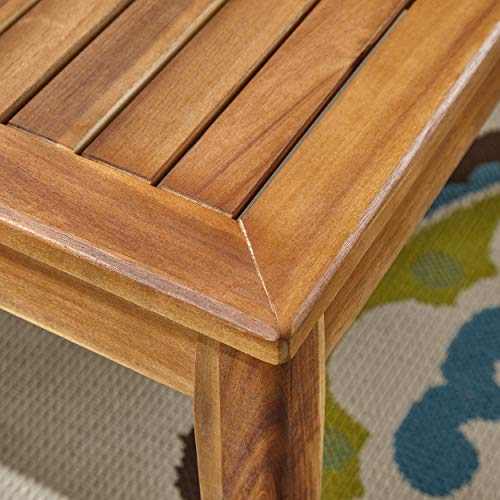 Great Deal Furniture Sally 7-Seater Sectional Sofa Set for Patio with Loveseat, Club Chairs, Ottoman, and Coffee Tables, Acacia Wood, Teak Finish with Blue Outdoor Cushions