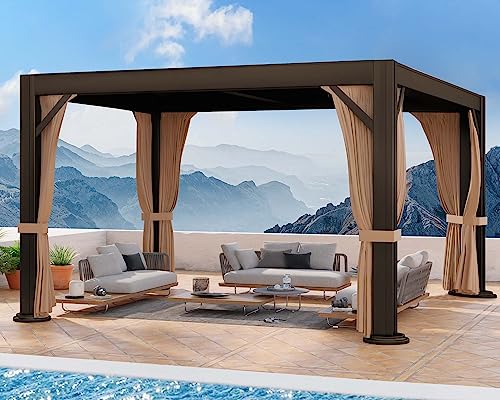 PURPLE LEAF Outdoor Louvered Pergola 10' × 13' Patio Hardtop Gazebo Sun Shade Shelter Outside Canopy with Metal Adjustable Roof for Beach Deck Backyard Garden, Curtains and Netting Included