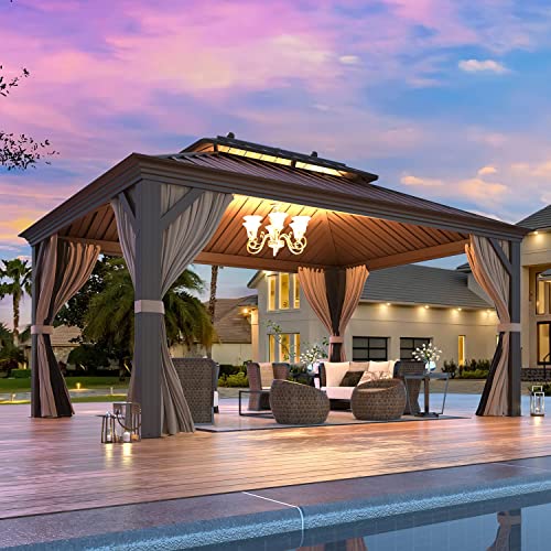MELLCOM 12' x 16' Hardtop Gazebo, Galvanized Steel Metal Double Roof Aluminum Gazebo with Curtains and Netting, Brown Permanent Pavilion Gazebo with Aluminum Frame for Patio, Lawn & Garden