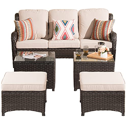 XIZZI Patio Furniture Set Wicker Patio Furniture 10 Pieces Outdoor Conversation Deck Sofa with High Back Swivel Rocking Chairs,Ottomans and Coffee Tables,Brown Wicker Beige Cushion