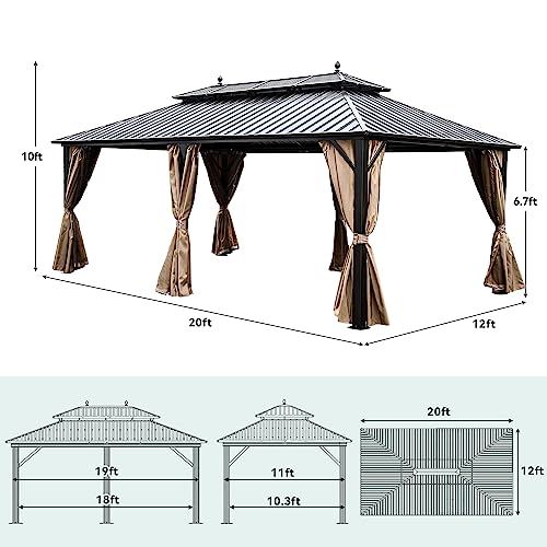 YITAHOME 12x20 ft Hardtop Gazebo with Nettings and Curtains, Outdoor Heavy Duty Aluminum Gazebo Combined of Horizontal and Vertical Stripes Roof for Patio, Backyard, Deck, Lawns and Balcony (Bronze)