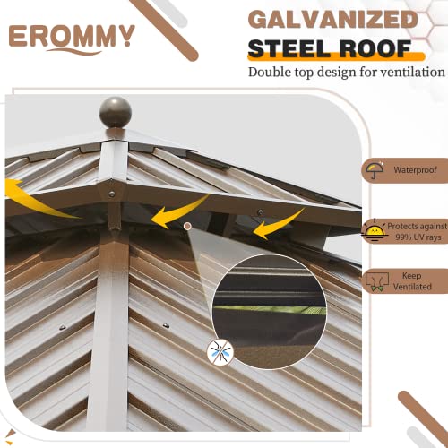 EROMMY 12'x16' Hardtop Gazebo Double Roof Galvanized Steel Canopy Outdoor Aluminum Frame Permanent Metal Pavilion with Netting and Curtains for Patio Backyard Deck and Lawns
