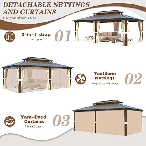 EROMMY 12'x20' Gazebo Polycarbonate Double Roof Canopy Outdoor Aluminum Frame Pergolas with Netting and Curtains for Garden Patio Lawns Parties