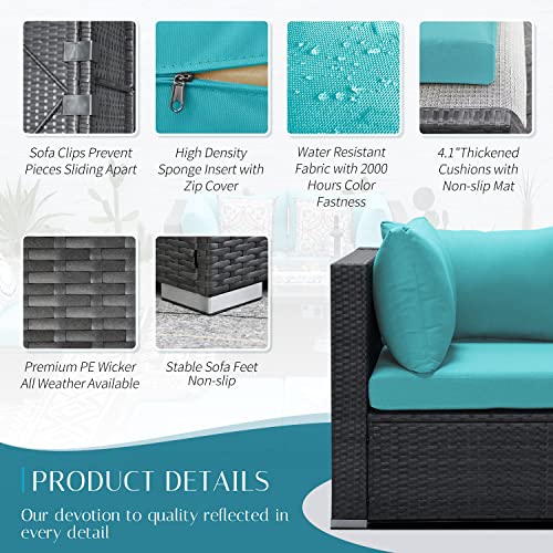 NICESOUL® Large 9 Pcs Outdoor Patio Furniture Set with Fire Pit Table Teal Blue High Back HDPE Handwoven Rattan Modular Sofa Set Patio Conversation Sets with Fireplaces Modern Sofa