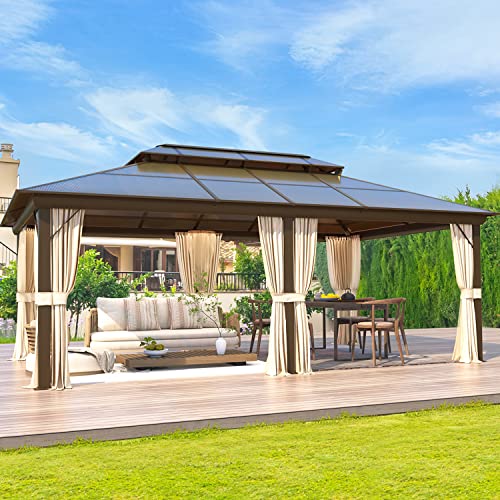 EROMMY 12'x20' Gazebo Polycarbonate Double Roof Canopy Outdoor Aluminum Frame Pergolas with Netting and Curtains for Garden Patio Lawns Parties