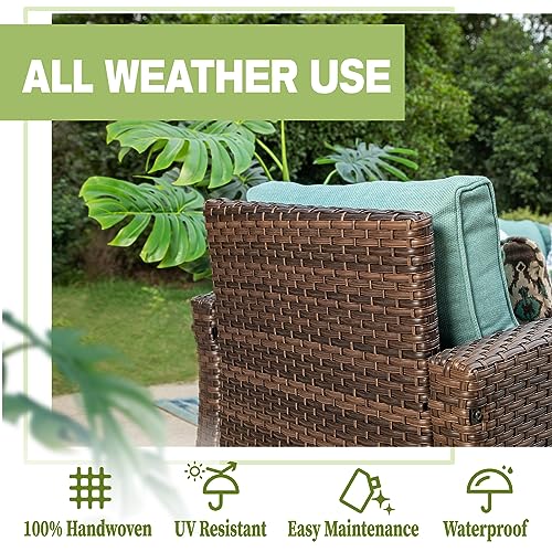 MIXPATIO 5 Pcs Patio Conversation Set for 7 Seats, Rattan Wicker Outdoor Patio Furniture Set, 2 x Single Chair, 2 x Ottoman, 3-Seat Sofa for Lawn Garden Backyard, Blue