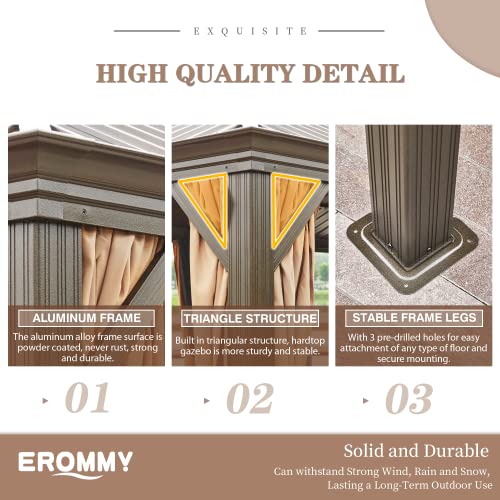 EROMMY 12' X 20' gazebos on Clearance, Hardtop Gazebo Aluminum Gazebos with Galvanized Steel Double Roof for Patio Lawn and Garden, Curtains and Netting Included, Dark Bronze
