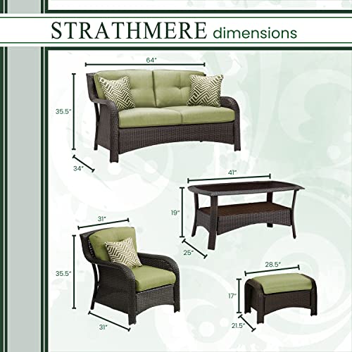 Hanover Strathmere 6-Piece Wicker Patio Furniture Set with Loveseat, 2 Chairs with Ottomans, Green Cushions, Pillows and Glass Top Coffee Table, All-Weather Modern Outdoor Sofa Set