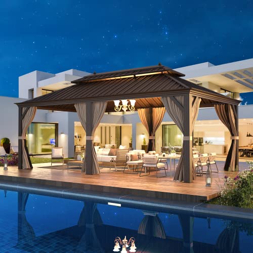 EROMMY 12' x 20' Gazebo Hardtop Double Roof Galvanized Steel Canopy with Netting and Curtains Outdoor Aluminum Frame Permanent Metal Pavilion for Patio Backyard Deck and Lawns