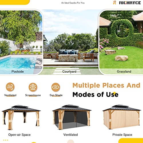 RICHRYCE 13' x 15' Solid Wood Gazebo, Hardtop Gazebo Plastic Sprayed Metal Roof Outdoor Gazebo Canopy Double Vented Roof Pergolas Wood Frame with Netting and Curtains for Garden, Patio, Lawns
