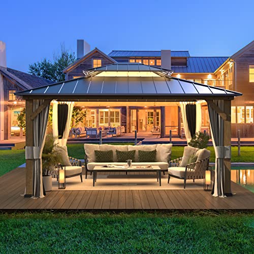 RICHRYCE 13' x 15' Solid Wood Gazebo, Hardtop Gazebo Plastic Sprayed Metal Roof Outdoor Gazebo Canopy Double Vented Roof Pergolas Wood Frame with Netting and Curtains for Garden, Patio, Lawns