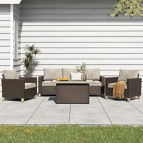 Grand patio Sofa Sets 6 Pieces Conversation Set with Fire Pit Table, PE Wicker Patio Furniture Sectional Sofa with Thick Cushions for Yard Garden Porch (Set for 5 Firetable, 6 PCS)