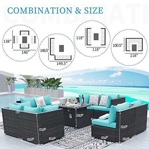 NICESOUL® Large 9 Pcs Outdoor Patio Furniture Set with Fire Pit Table Teal Blue High Back HDPE Handwoven Rattan Modular Sofa Set Patio Conversation Sets with Fireplaces Modern Sofa