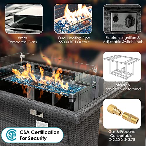 RADIATA 13 Pieces PE Wicker Patio Furniture Set Sectional High Back Large Size Sofa Sets with Propane Fire Pit Table 55000 BTU Balcony Rattan Lounge Conversation Sets for Outdoor