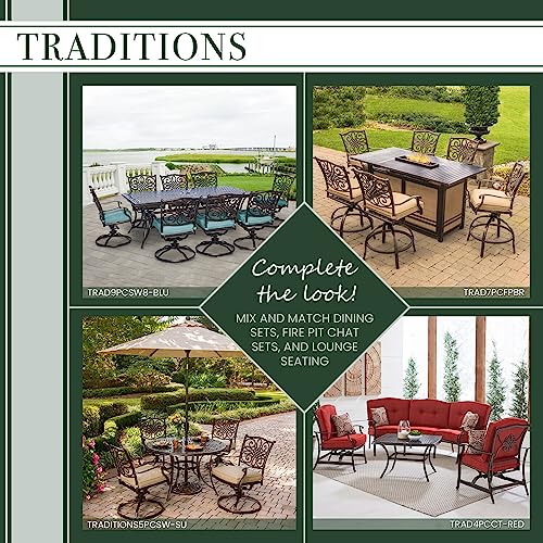 Hanover 5-Piece Four Traditions Swivel Rocker Chairs with Tan Cushions and 48" Round Cast Table, Patio Dining Set for 4, Premium Weather Resistant Outdoor Furniture