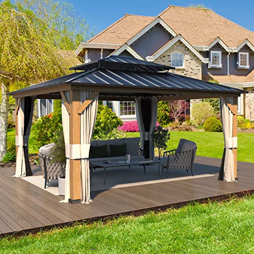 RICHRYCE 13' x 15' Solid Wood Gazebo, Hardtop Gazebo Plastic Sprayed Metal Roof Outdoor Gazebo Canopy Double Vented Roof Pergolas Wood Frame with Netting and Curtains for Garden, Patio, Lawns