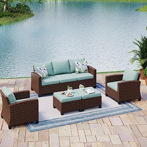 MIXPATIO 5 Pcs Patio Conversation Set for 7 Seats, Rattan Wicker Outdoor Patio Furniture Set, 2 x Single Chair, 2 x Ottoman, 3-Seat Sofa for Lawn Garden Backyard, Blue