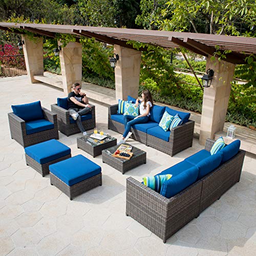 XIZZI Patio Furniture Sets Outdoor Sectional Sofa 12 Pieces No Assembly Required Big Size All Weather Wicker Aluminum Conversation Set with 4 Pillows and 2 Furniture Covers,Grey Wicker Navy Blue