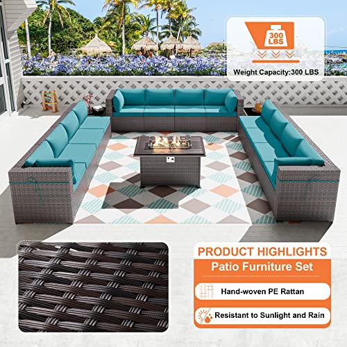 ALAULM 15 Pieces Outdoor Patio Furniture Set with Propane Fire Pit Table Outdoor Sectional Sofa Sets Patio Furniture 43" Gas Fire Pit Brown PE Rattan Patio Conversation Set w/12 Cushions (Blue)