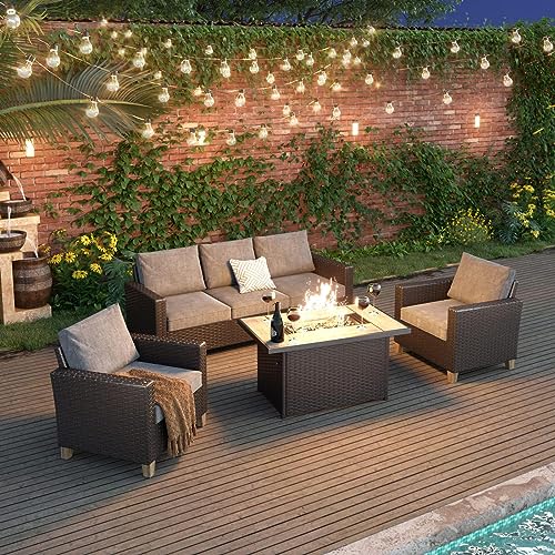 Grand patio Sofa Sets 6 Pieces Conversation Set with Fire Pit Table, PE Wicker Patio Furniture Sectional Sofa with Thick Cushions for Yard Garden Porch (Set for 5 Firetable, 6 PCS)