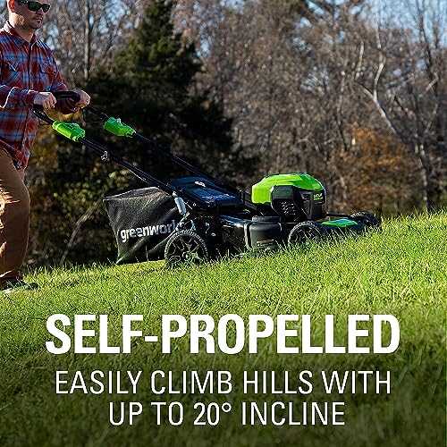 Greenworks 40V 21" Cordless Self-Propelled Lawn Mower,(500 CFM/120 MPH) Axial Leaf Blower,13" String Trimmer,Combo Kit w/ (1) 5Ah (1)2AH Battery, (2) 2A Chargers