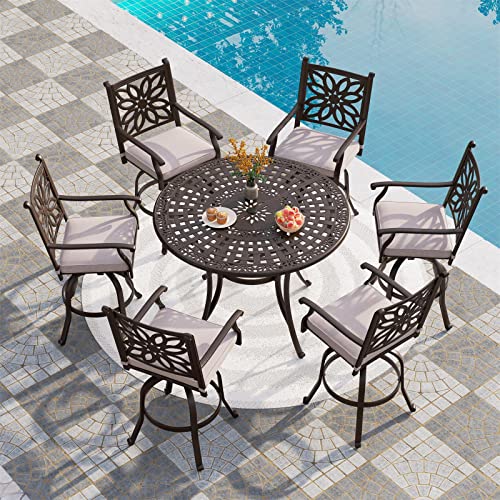 PHI VILLA Cast Aluminum High Bar Dining Set for 6 Person, 7 Piece Outdoor Patio Set with 54" Dia Cast-Top Aluminum Table(2.1" Umbrella Hole) and 6 Outdoor Swivel Bar Stool Chairs with Seat Cushions